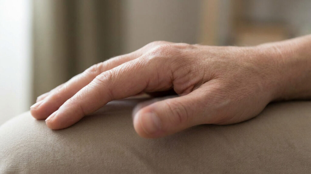 Gros plan sur une main posée sur une surface, illustrant un mouvement involontaire du pouce.