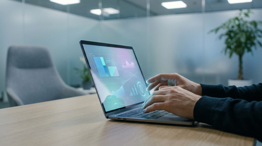 Mains d'une personne tapant sur un ordinateur portable affichant des graphiques de données dans un bureau moderne.