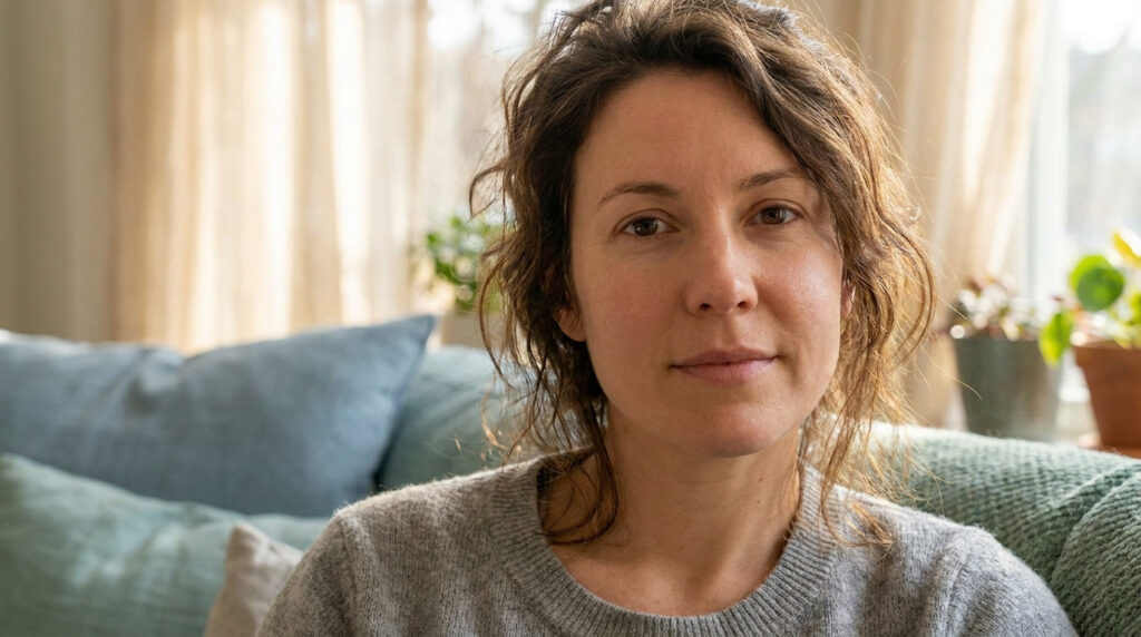 Portrait d'une femme aux cheveux bruns regardant la caméra, assise sur un canapé dans un salon lumineux.