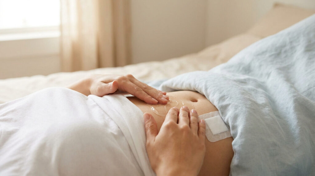 Une personne allongée dans un lit applique délicatement un gel cicatrisant sur son ventre après une opération.