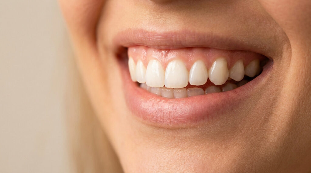 Gros plan sur un sourire naturel et esthétique montrant des dents saines et blanches.