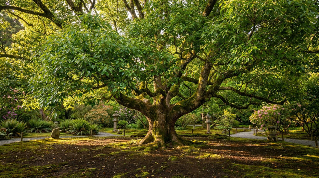 Un majestueux camphrier ancien au tronc noueux dans un jardin japonais paisible baigné de lumière dorée.