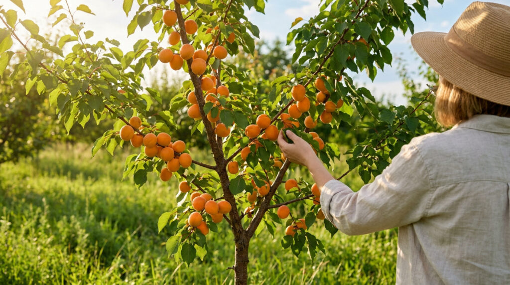 Une femme avec un chapeau de paille cueille des abricots mûrs sur un arbre sous une lumière dorée.