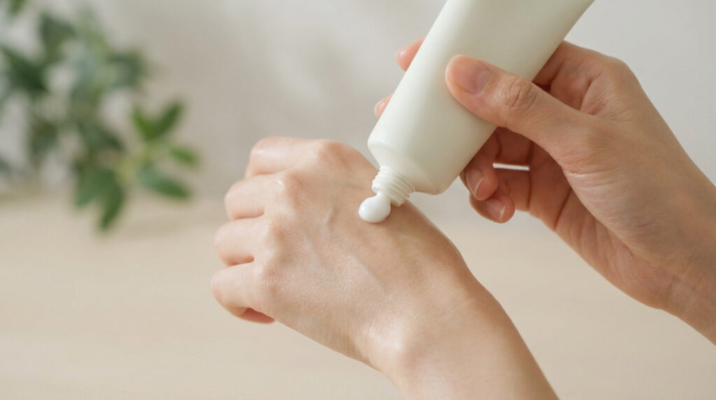 Mains appliquent une crème hydratante blanche à partir d'un tube minimaliste sur un fond clair.