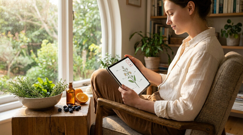 Une femme lit un cours de naturopathie en format PDF sur sa tablette près d'une fenêtre ensoleillée.