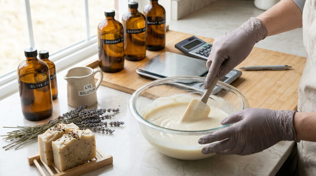 Mains avec gants mélangeant de la pâte à savon dans un bol avec des huiles et de la lavande à côté.