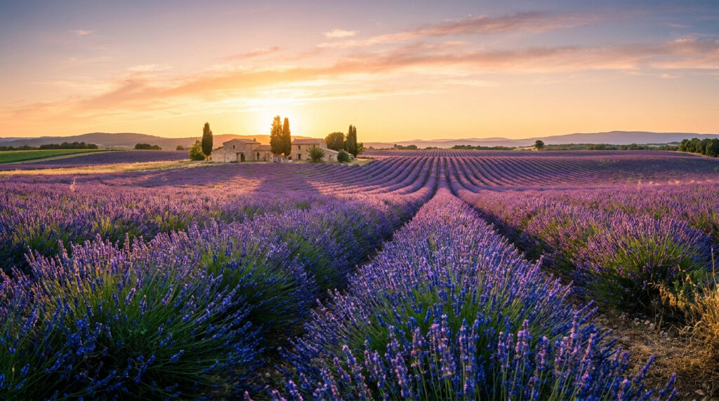 Vaste champ de lavande en fleur avec une maison en pierre typique de Provence sous un ciel doré au crépuscule.
