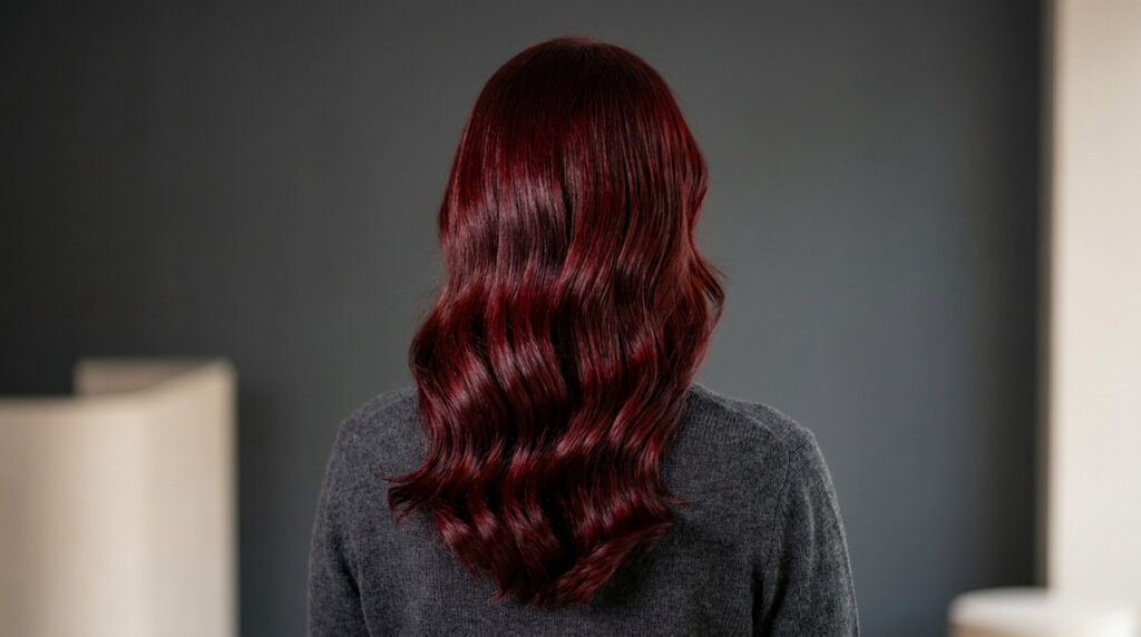 Cheveux longs ondulés d'une femme teintés en rouge cerise profond vus de dos.