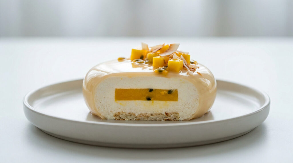 Entremet aux fruits exotiques avec glaçage miroir, mangue et fruit de la passion sur une assiette blanche.