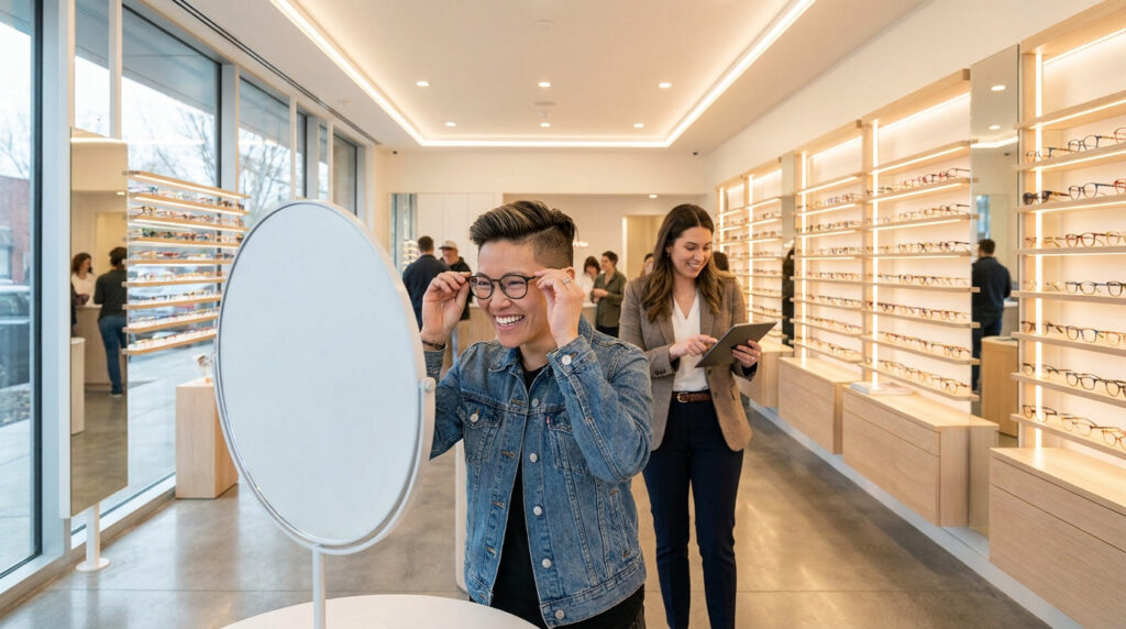 Une cliente souriante essaie des lunettes devant un miroir dans une boutique d'optique moderne à Nantes.