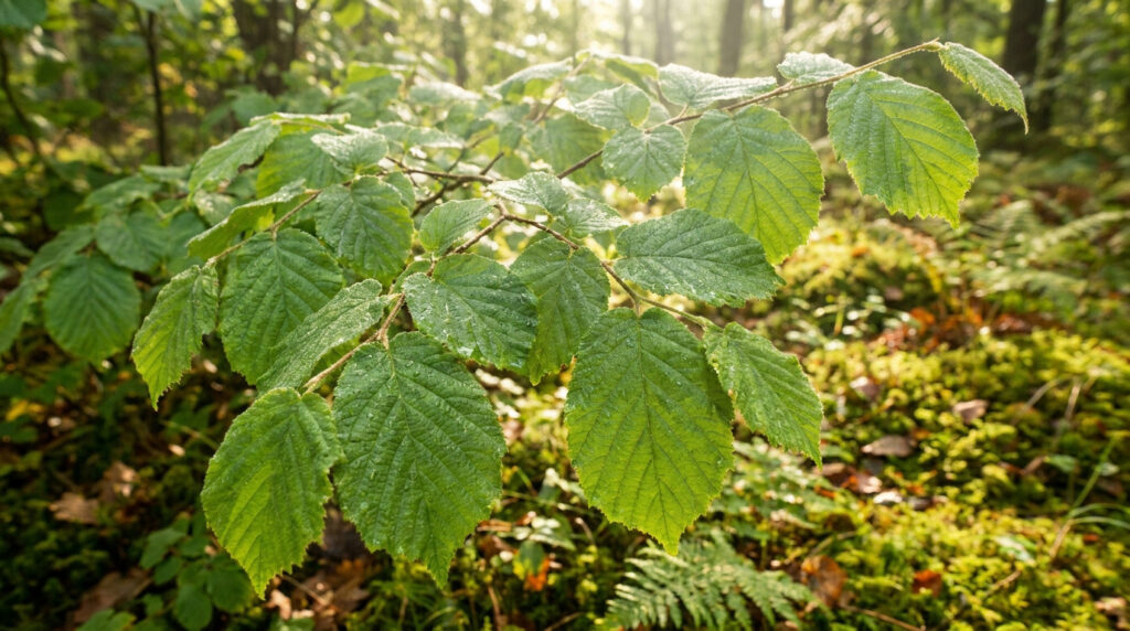 Feuilles de noisetier vertes et rosées dans une forêt ensoleillée avec des gouttes de rosée.