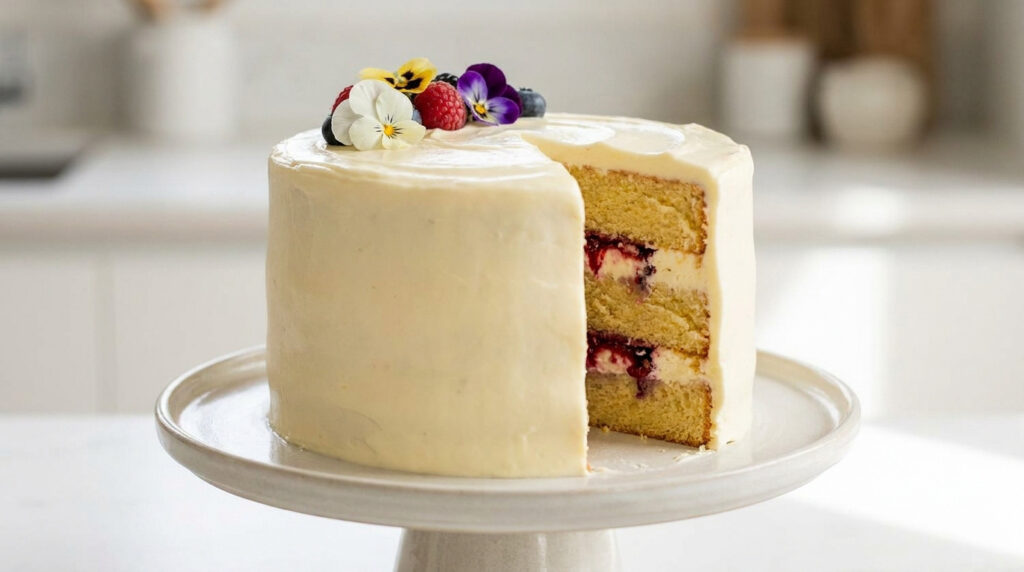 Un layer cake à la crème sur un présentoir, décoré de baies et de fleurs comestibles, avec une part coupée.