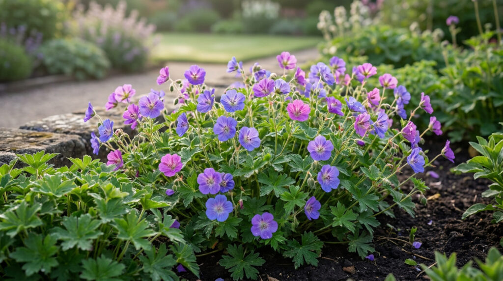 Touffe de géraniums vivaces aux fleurs violettes et bleues dans un jardin ensoleillé.