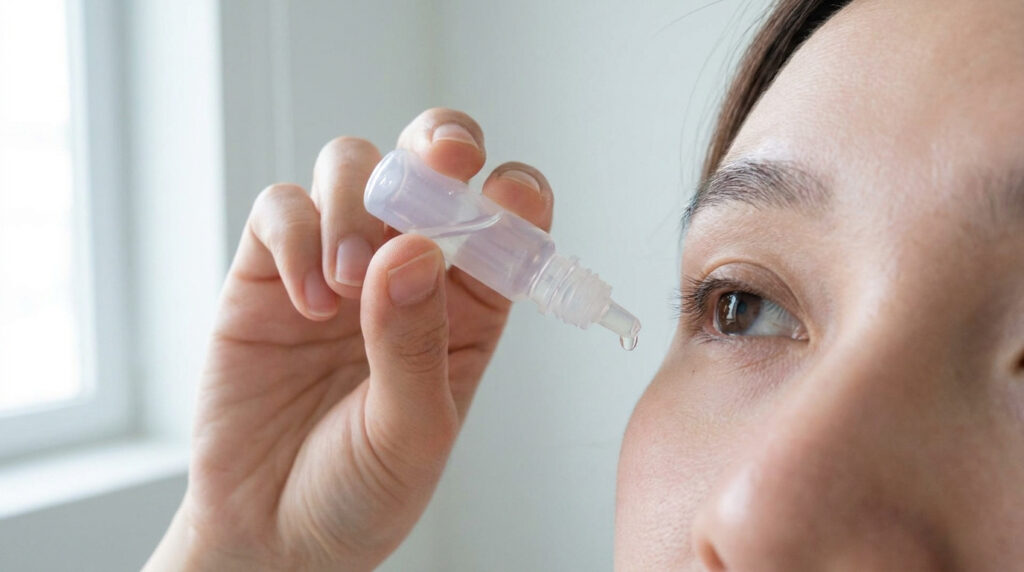 Gros plan d'une personne utilisant un flacon de sérum physiologique pour nettoyer son œil avec une goutte suspendue.