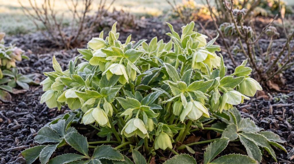 Un pied d'hellébore corse aux fleurs vert pâle recouvertes d'une fine couche de givre dans un jardin en hiver.