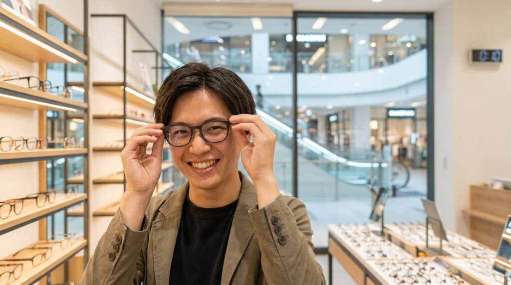 Un homme souriant essaie des lunettes dans un magasin d'optique moderne avec des étagères remplies de montures.