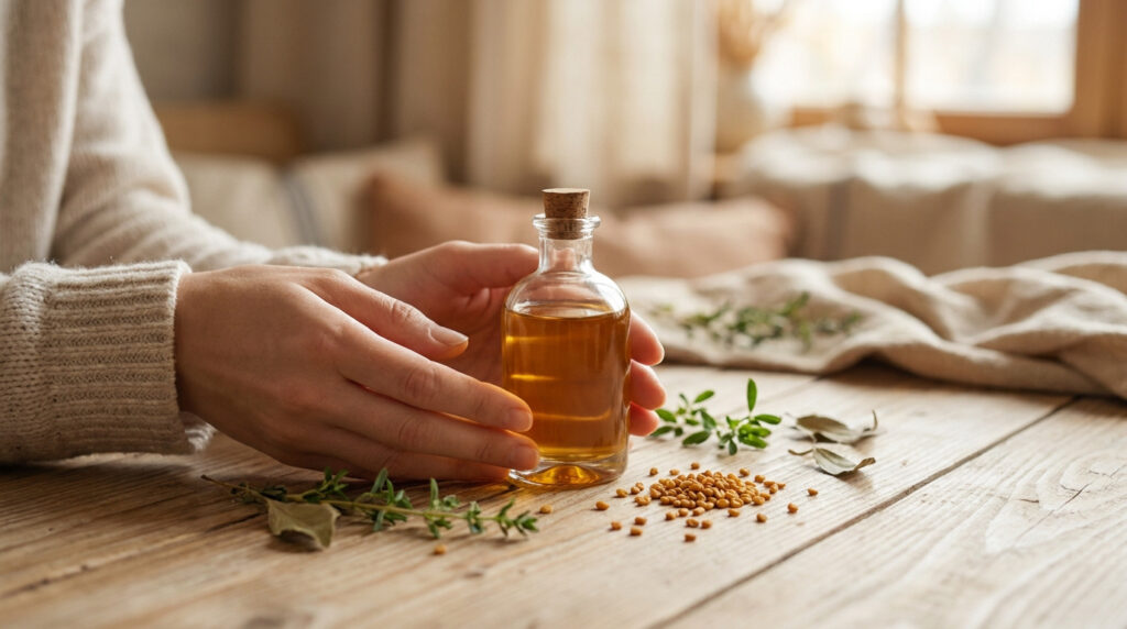 Mains tenant une petite bouteille d'huile ambrée sur une table en bois avec des graines et des herbes aromatiques.