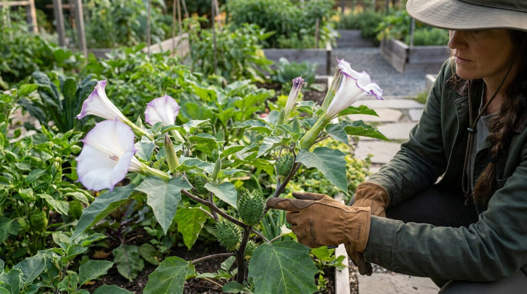 Une jardinière portant des gants de protection examine une plante de Datura toxique aux fleurs en trompette dans un potager.