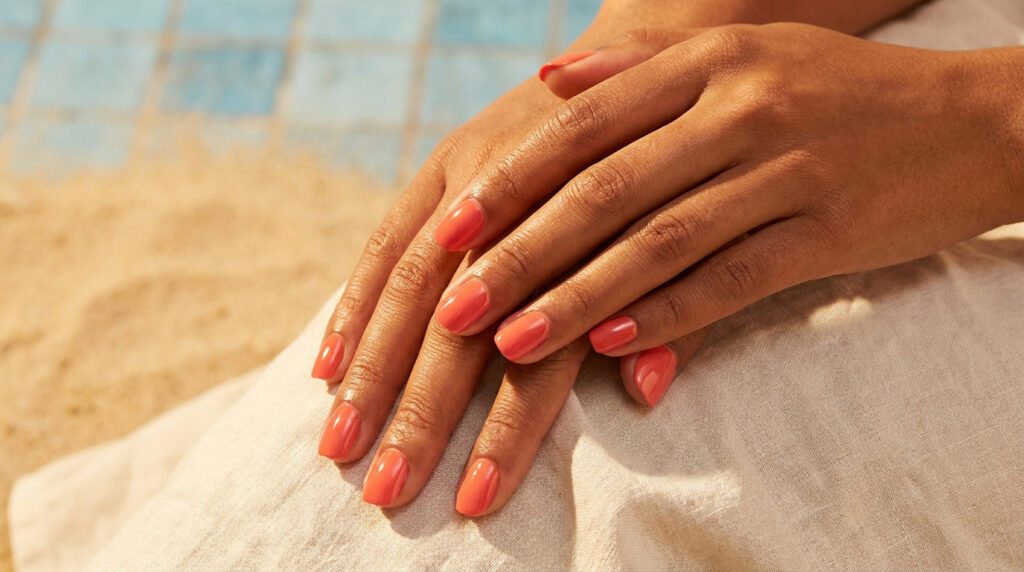 Mains bronzées aux ongles vernis d'un corail éclatant posées sur un tissu blanc au bord d'une piscine.