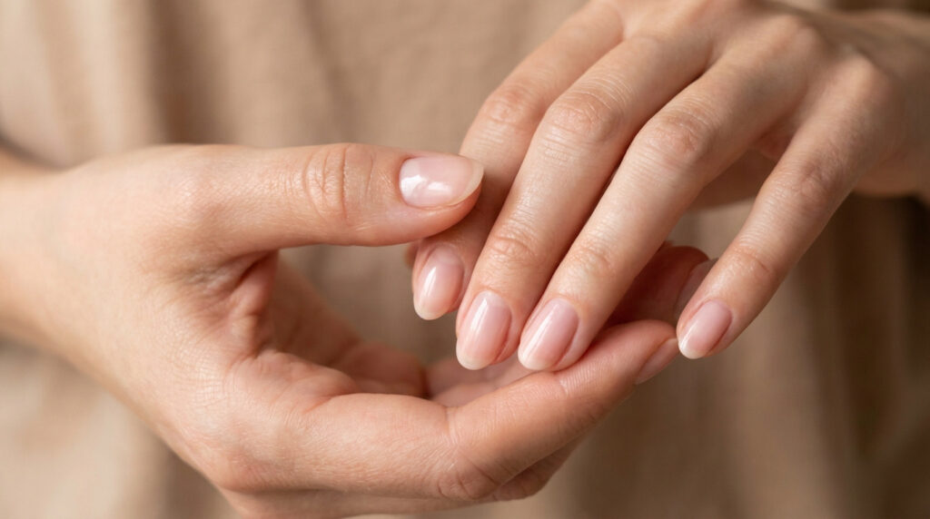 Gros plan sur des mains aux ongles naturels, soignés et en bonne santé sur un fond beige.