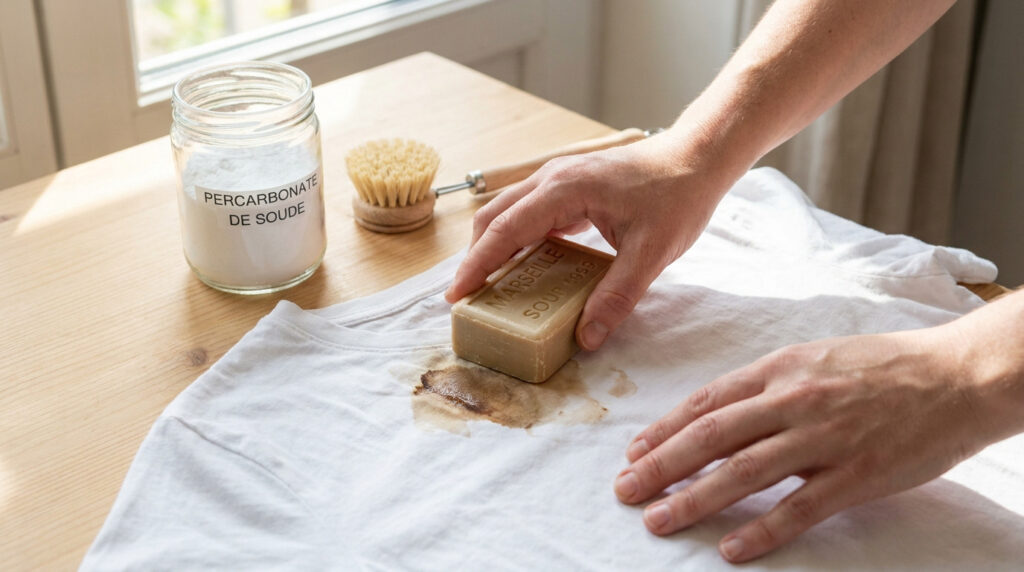 Mains frottant une tache sur un t-shirt blanc avec un bloc de savon de Marseille et du percarbonate de soude à côté.
