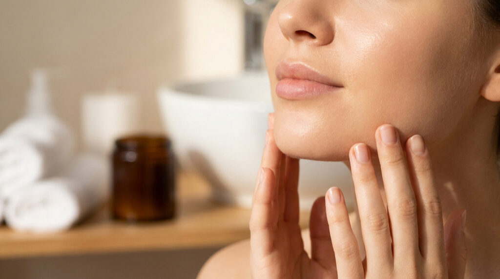 Gros plan sur le visage d'une femme touchant sa peau douce et nette dans une salle de bain lumineuse.