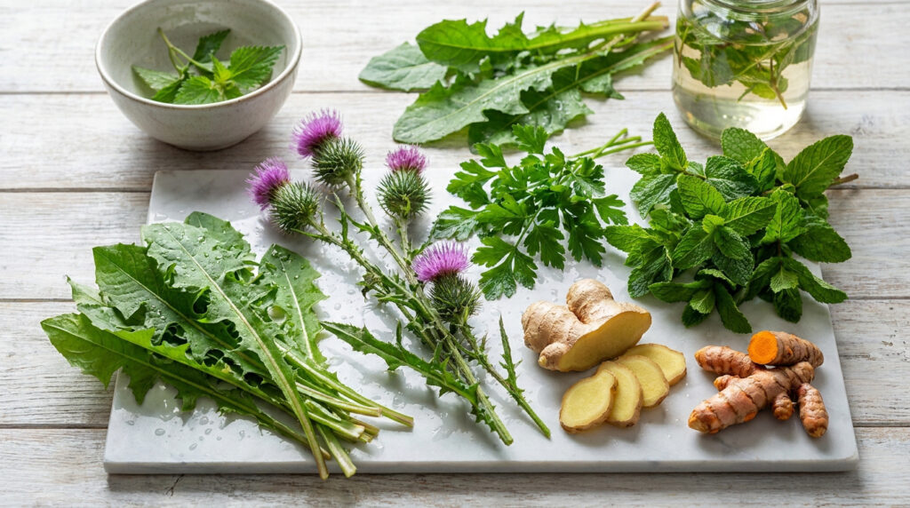 Assortiment de plantes détoxifiantes fraîches comme le chardon-marie, le gingembre, le curcuma et la menthe sur une table.