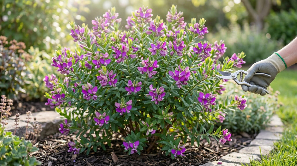 Main gantée utilisant un sécateur pour tailler un arbuste Polygala en fleurs dans un jardin ensoleillé.