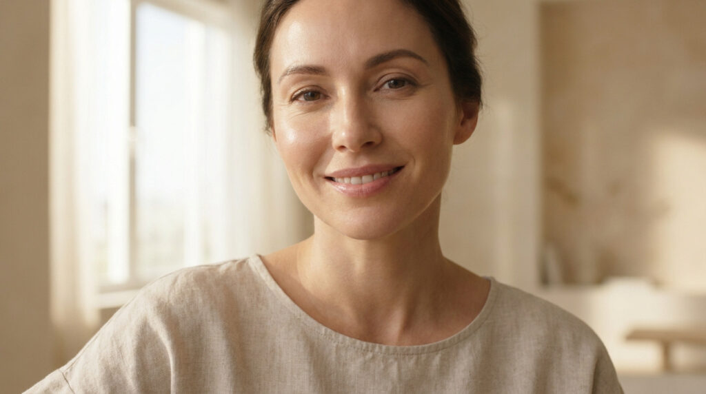 Portrait d'une femme souriante à la peau naturelle et lumineuse, dans une pièce baignée de lumière douce.