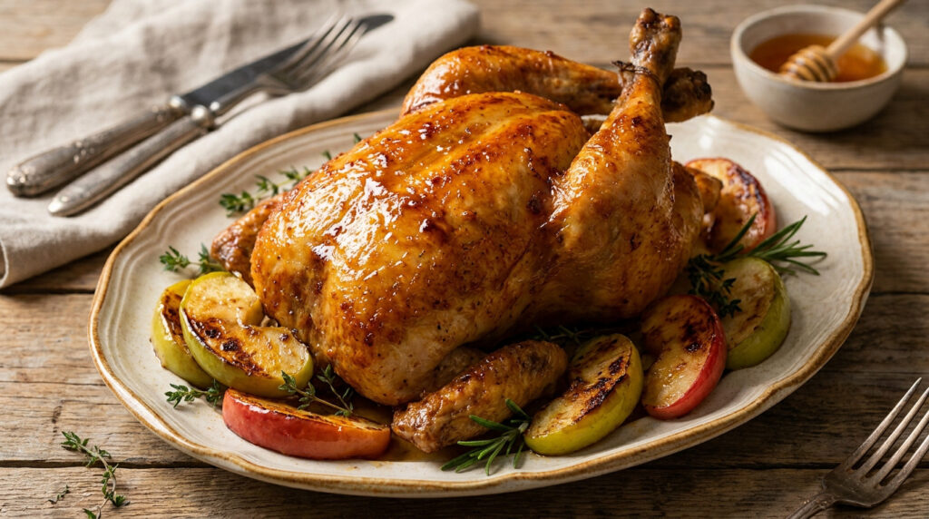 Un poulet rôti doré et brillant au miel, entouré de tranches de pommes caramélisées et d'herbes aromatiques.