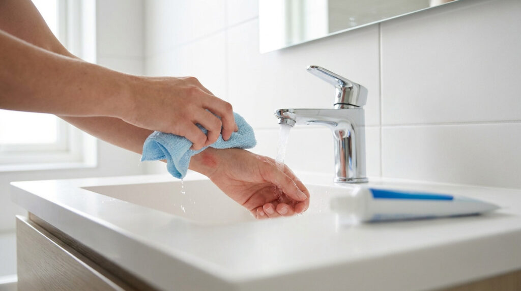 Une personne nettoie une brûlure au poignet sous l'eau d'un robinet avec un chiffon bleu, un tube de dentifrice est posé.