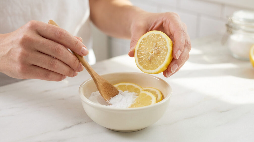 Mains pressant un citron au-dessus d'un bol contenant du bicarbonate de soude et des tranches de citron.