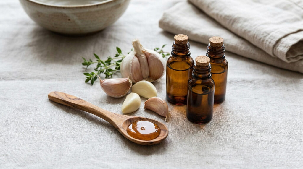 Ail, huiles essentielles et miel sur une table pour soigner un bouton de fièvre.