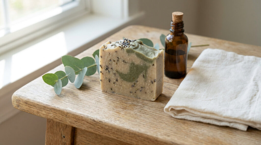 Un savon artisanal aux herbes posé sur une table en bois avec une bouteille d'huile et une serviette.