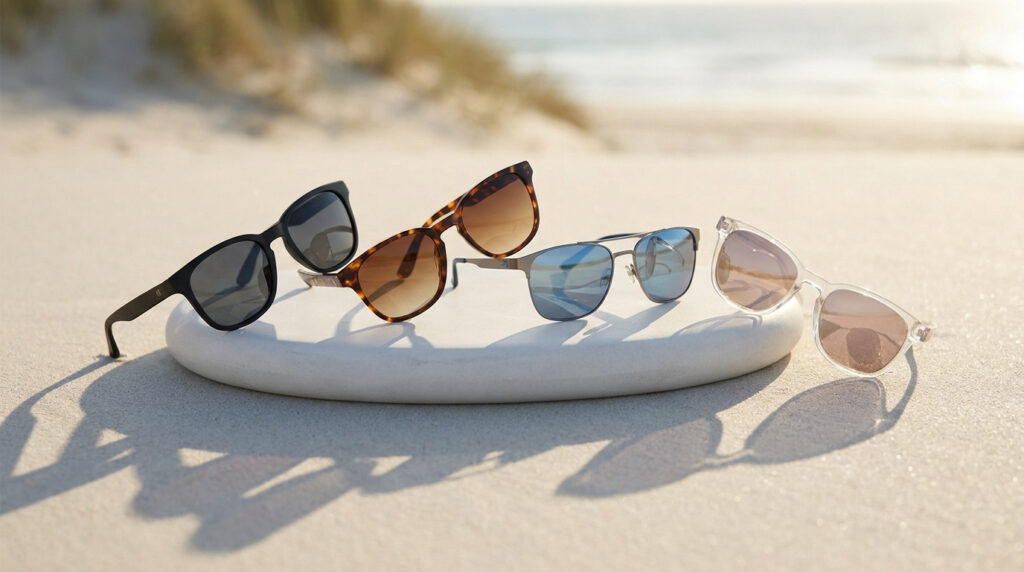 Quatre paires de lunettes de soleil aux teintes variées posées sur un socle blanc sur une plage de sable fin.
