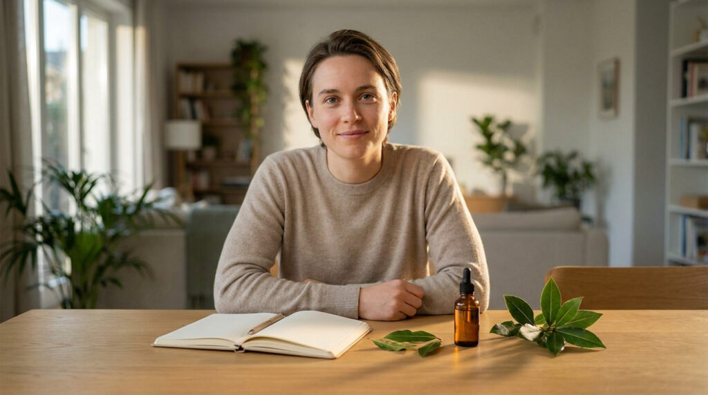 Une personne souriante assise à une table avec un flacon d'huile essentielle de laurier et des feuilles fraîches.