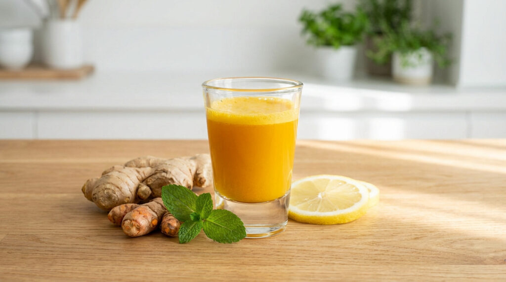 Un verre de jus de "pipi du dragon" entouré de gingembre, curcuma, citron et menthe sur une table en bois.