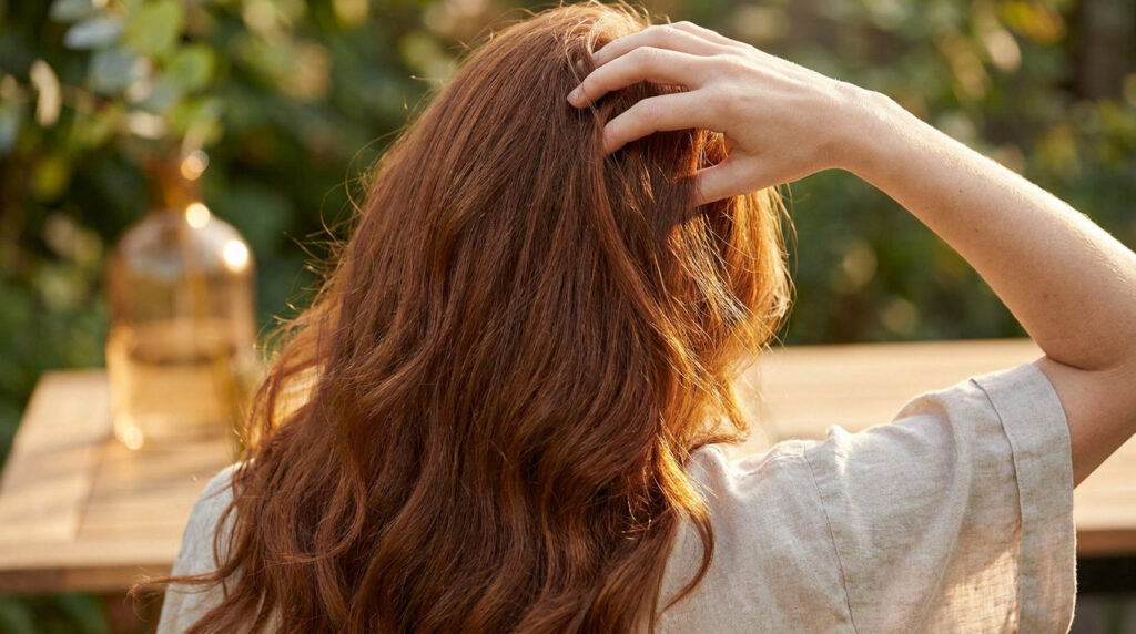 Femme aux cheveux longs et cuivrés passant la main dans ses cheveux à l'extérieur avec un éclairage doux.