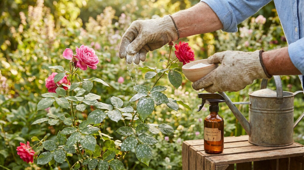 Un jardinier saupoudre un traitement naturel sur un rosier atteint par l'oïdium dans son jardin.