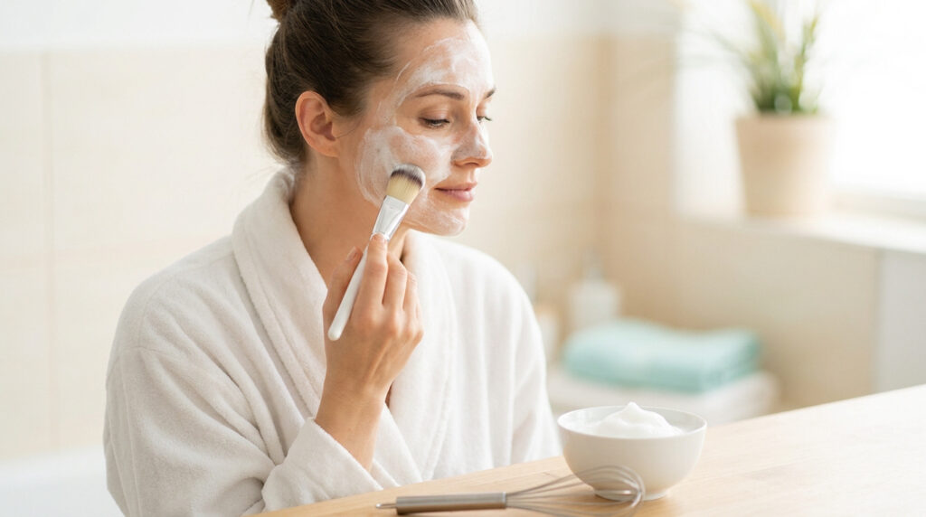 Une femme en peignoir blanc applique un masque naturel au blanc d'œuf sur son visage avec un pinceau cosmétique.