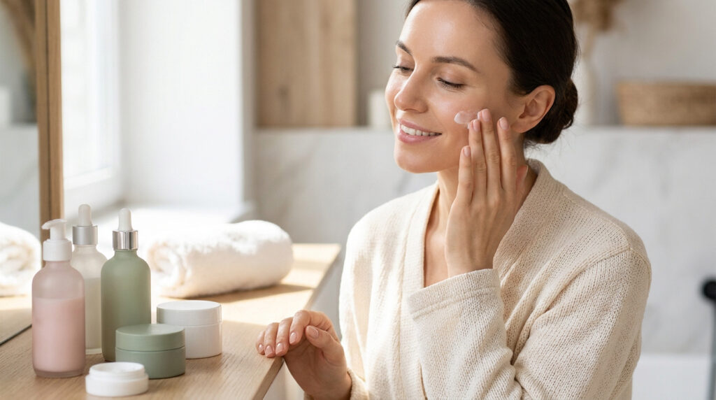 Une femme souriante applique une crème hydratante sur son visage dans une salle de bain lumineuse avec des produits de beauté.