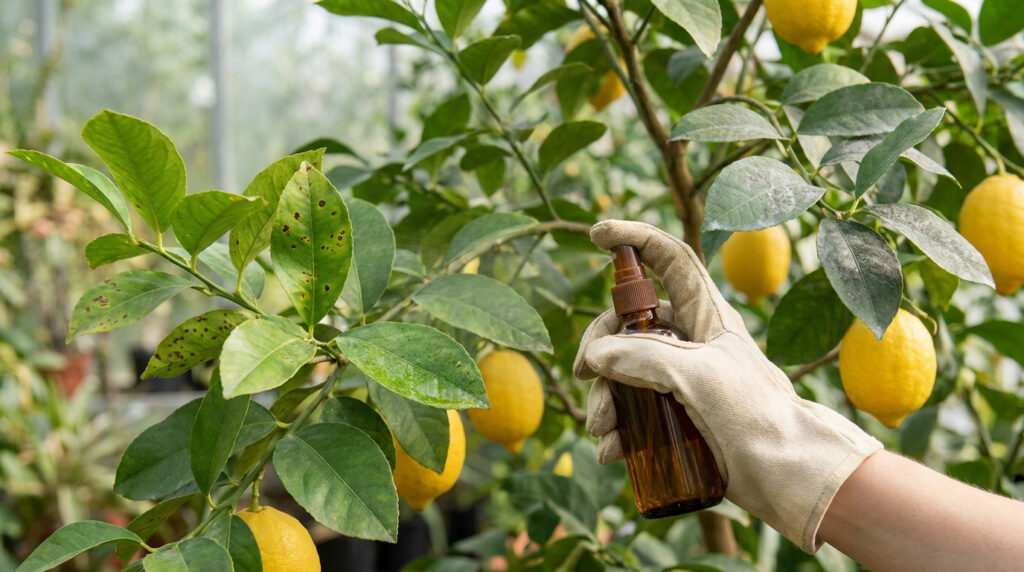 Une main gantée vaporise un traitement sur les feuilles tachées d'un citronnier.