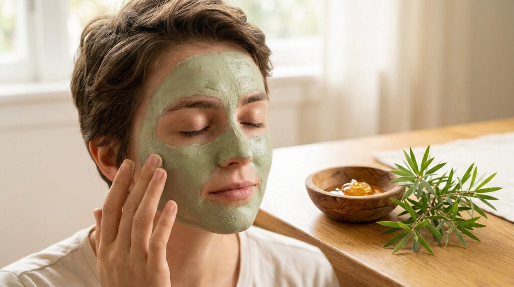 Une personne détendue applique un masque à l'argile verte sur son visage.