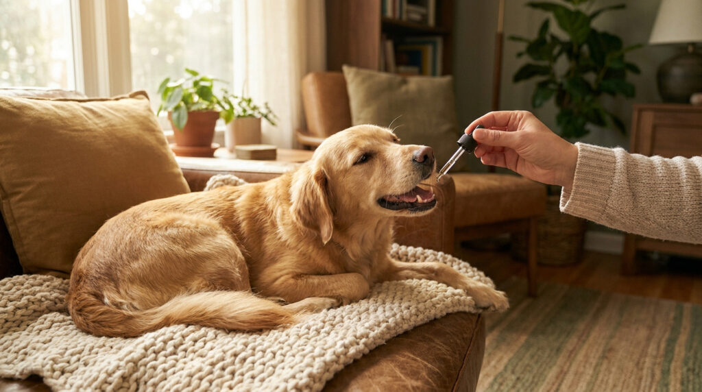 Une main donne des gouttes de CBD à un chien doré allongé sur un canapé dans un salon chaleureux.