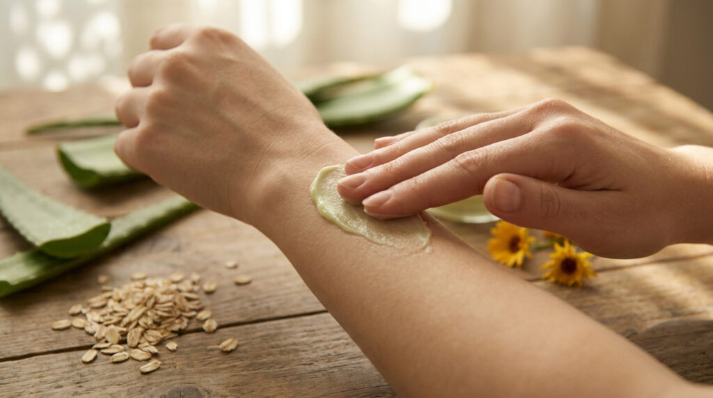 Une personne applique une crème naturelle à base d'aloe vera sur son bras à côté de flocons d'avoine et de fleurs.