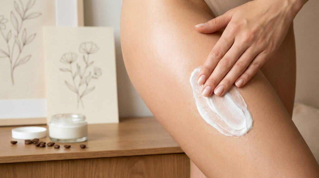 Une femme applique une crème hydratante blanche sur sa cuisse avec des grains de café en arrière-plan.