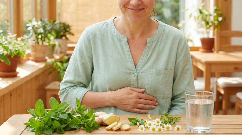 Une femme souriante avec de la menthe, du gingembre et de la camomille sur une table, apaisant ses maux d'estomac.