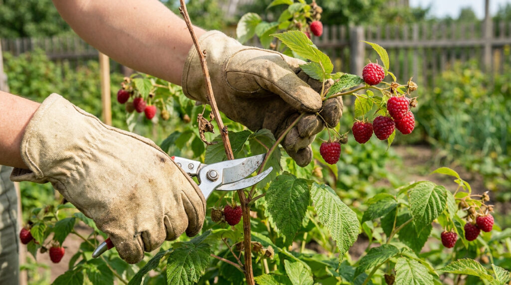 Mains gantées coupant une tige de framboisier avec un sécateur au milieu d'un jardin rempli de framboises mûres.