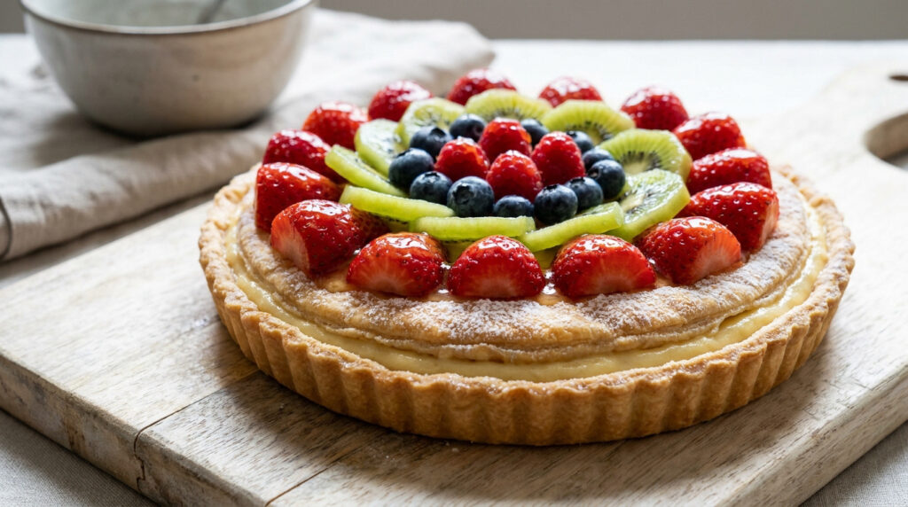Une tarte aux fruits colorée avec fraises, kiwis et myrtilles sur une planche en bois, saupoudrée de sucre glace.