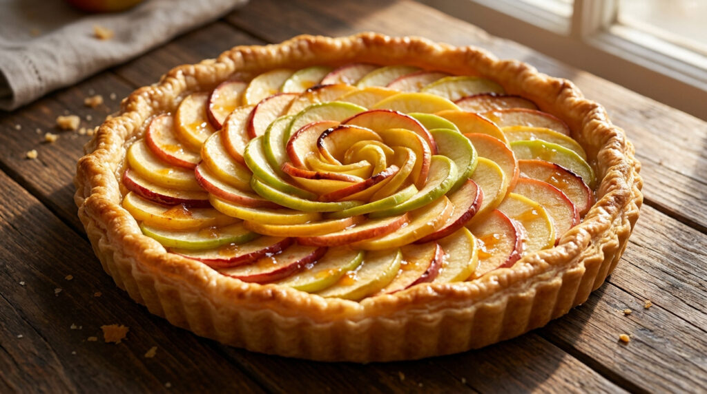 Une tarte aux pommes joliment disposées en forme de rose sur une table en bois rustique sous une lumière naturelle.